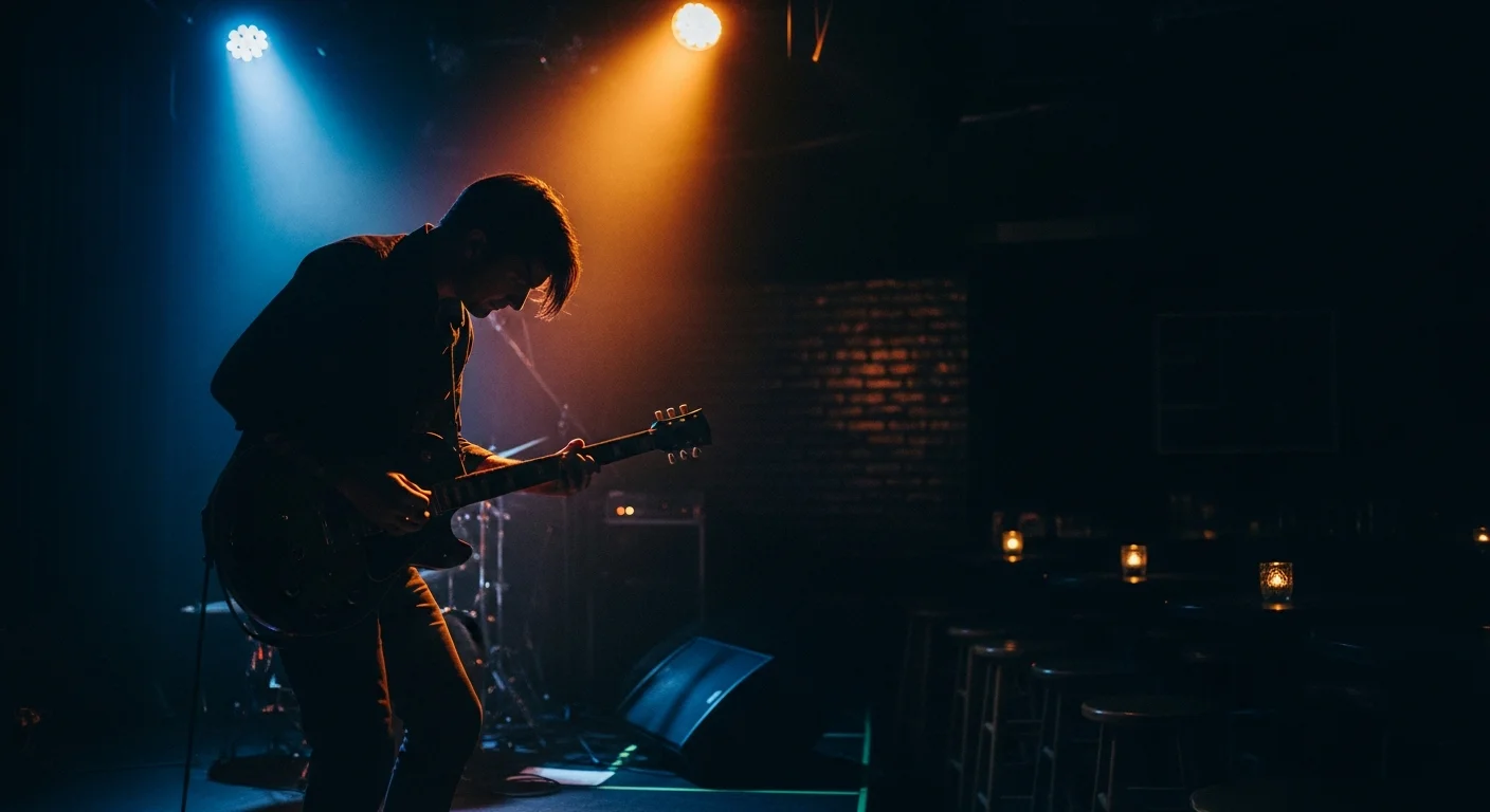 Blues-Gitarrist auf einer kleinen Bühne im warmen Spotlight
